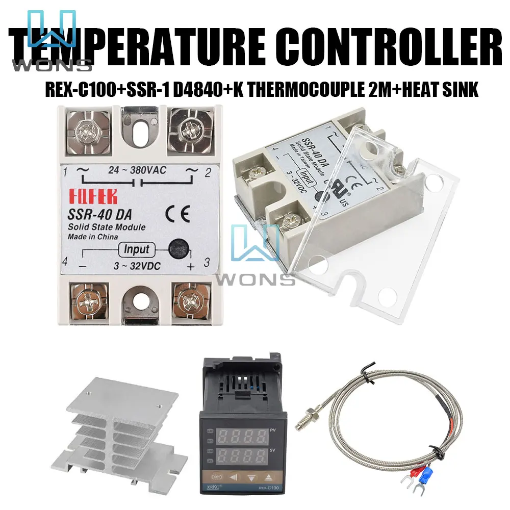 

Digital PID Temperature Controller REX-C100 Thermostat + 40DA SSR Relay+Solid-State Relay Radiator+K Thermocouple 2m Probe RKC