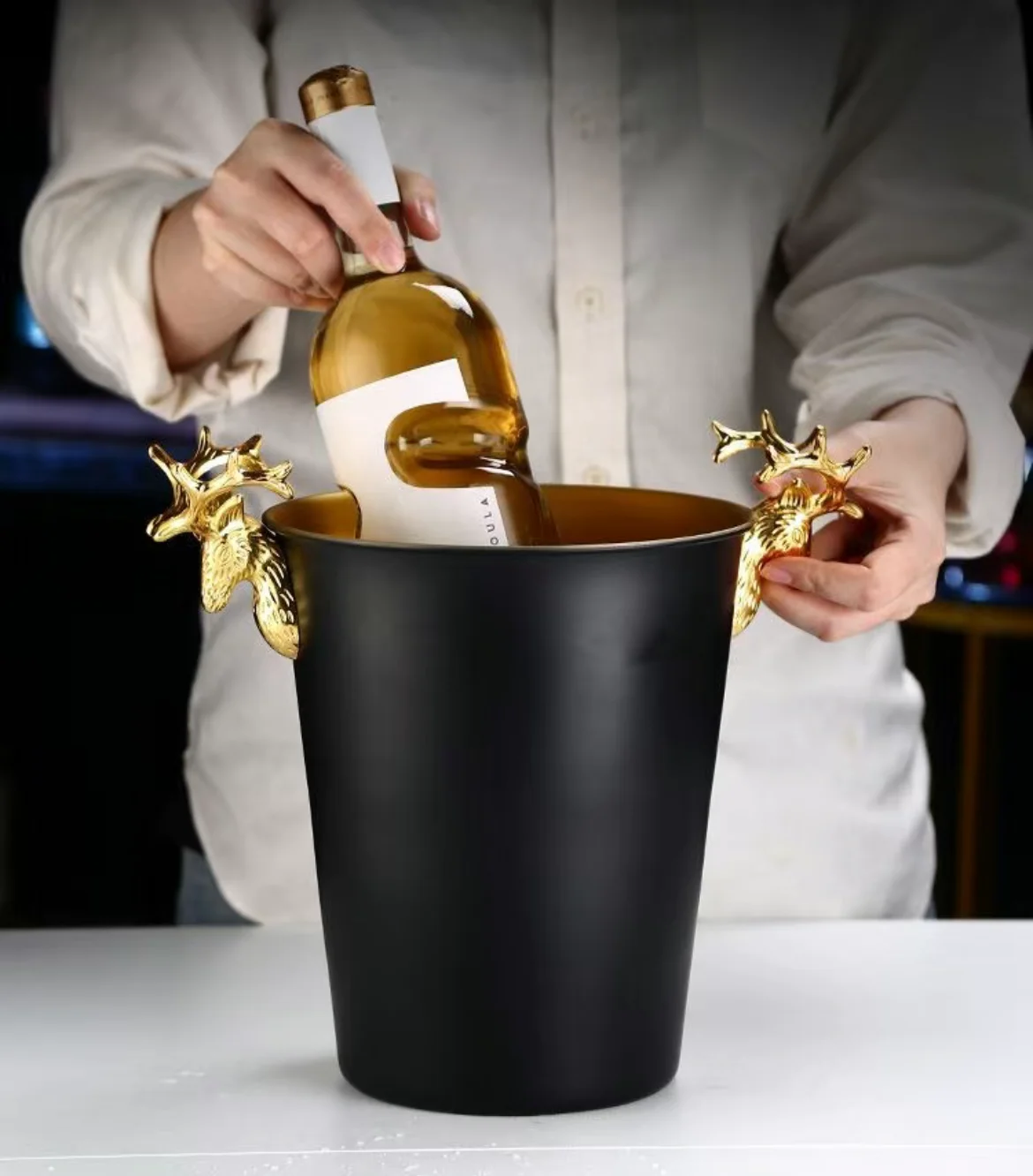 Stainless Steel Ice Barrel, Gold Deer Head, KTV Wine Chiller, Bottle Cooler, European Style Champagne Barrel