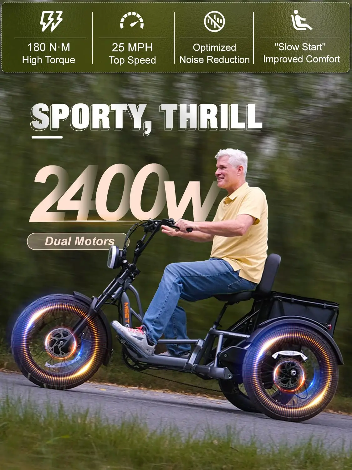 Meetone 1500W48V30AH Adult electric tricycles Electric Tricycle 3 Wheels Electric Vehicle High Endurance Strong Power E-trike