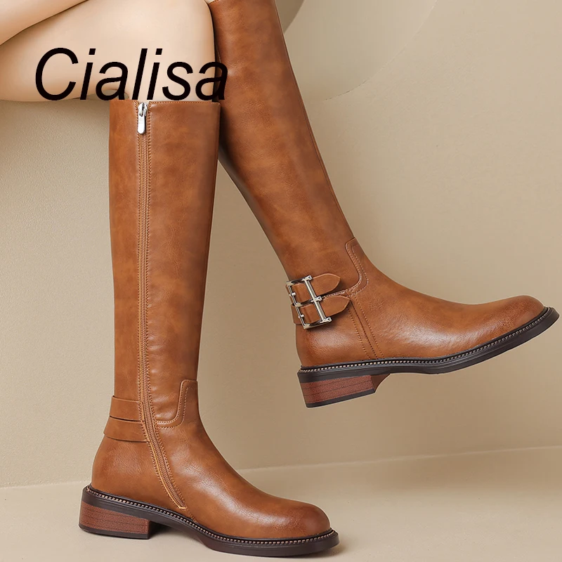

Cialisa Long Boots For Women Autumn Winter Fashion Belt Buckle Women Knee-High Boots Genuine Leather Mid Heels Lady Boots Brown