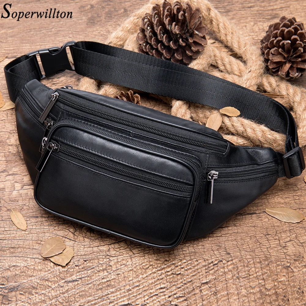 

Soperwillton New Genuine Leather Waist Bag Men Women Sheepskin Pack Black White Belt Chest Simple Business Phone Pouch