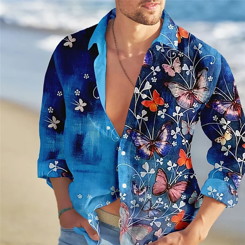 2024 Hawaiian dress Floral Butterfly Men's Shirt Fashion Long Sleeves Tops Trend Leisure Vacation Luxury Cotton Print Clothes
