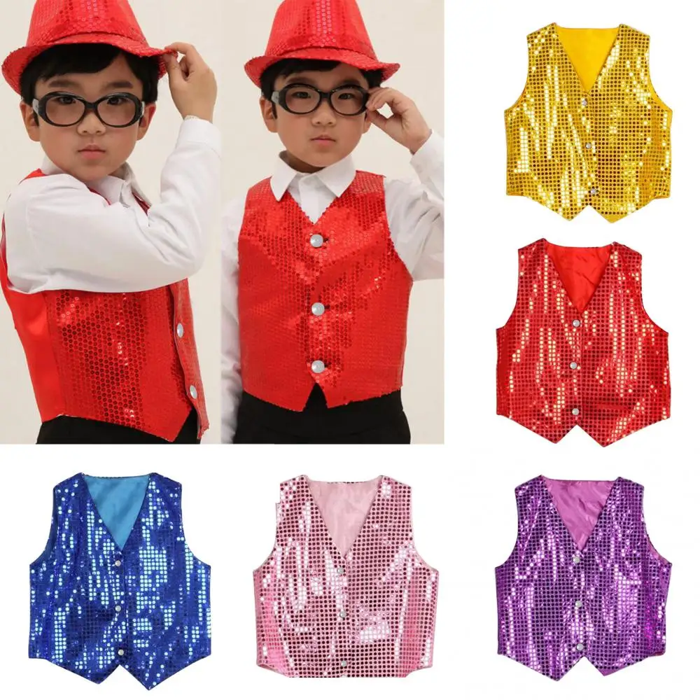 Children Shining Sequins Clothes Boys Students Christmas Stage Performance Costumes Kids Hip-hop Jazz Stage Dance Vest Waistcoat 2