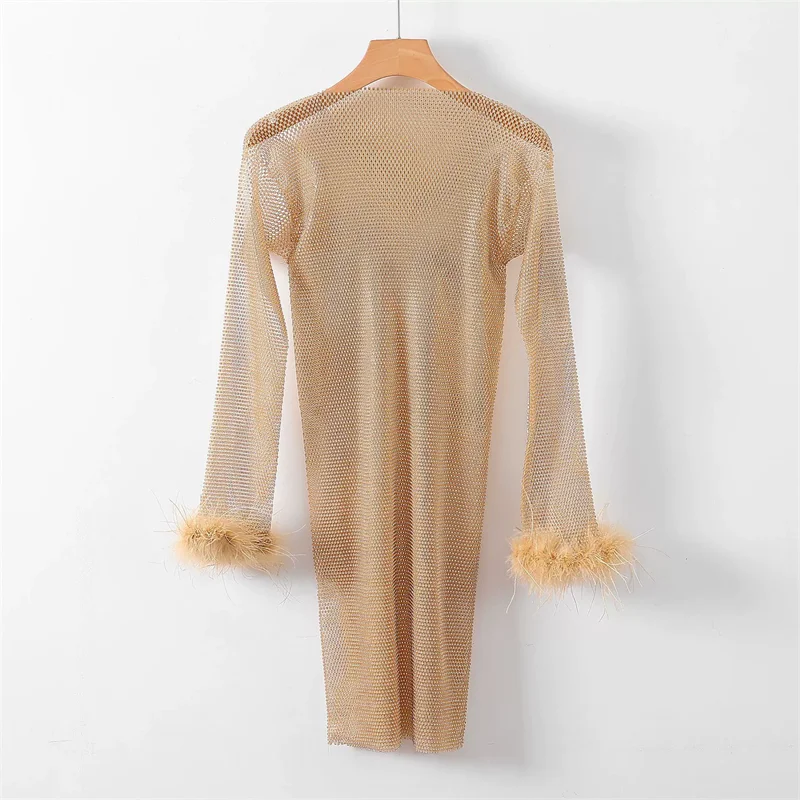 Damen-Kleid mit glitzerndem Strass-Mesh und langen Ärmeln, mit Federmanschetten, durchsichtig, für Party, Strand, Rave, Festival-Outfit
