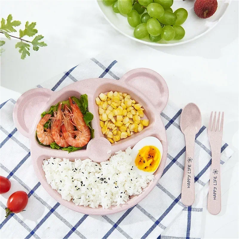 Baby bowl+spoon+fork Feeding Food Tableware Cartoon Bear Kids Dishes Eating Dinnerware Anti-hot Training Dinner Plate 3Pcs/Set baby tableware set