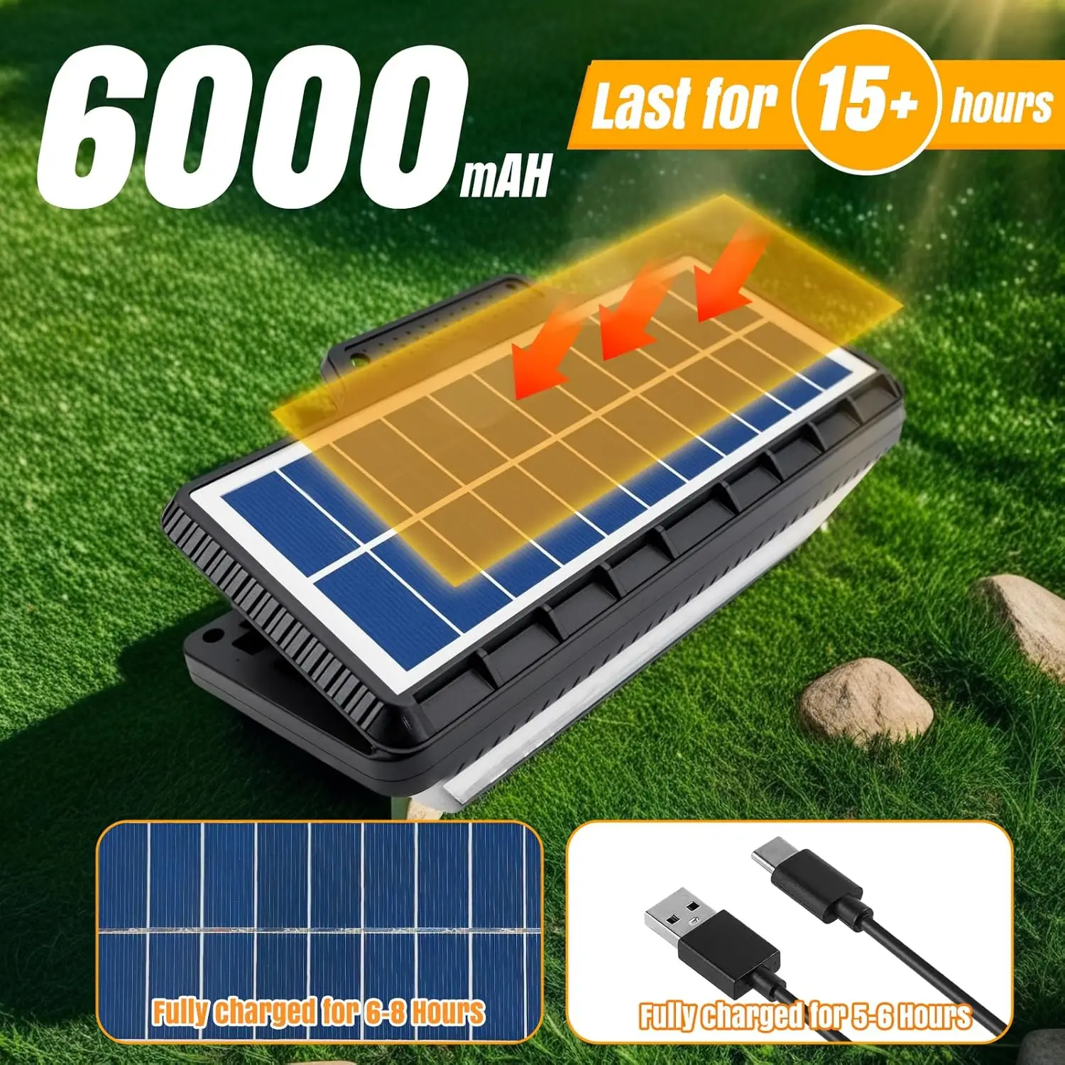 태양광 캠핑 RV 야외 조명, 고휘도 방수, 모션 센서 및 리모컨 포함, 6000mAh 태양열 외부 조명