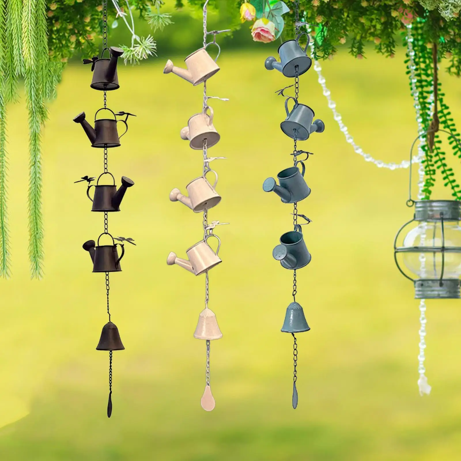 Metal Watering Can with Bell Chime, Rain Chain, Display Stand