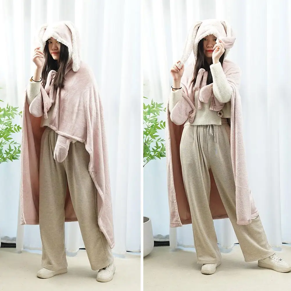 Cute Bunny Ear Cape Flannel Blanket Hoodie Adult Child Office Home Comfortable Wearable Thickened Soft Blankets Warm Cape A3P2