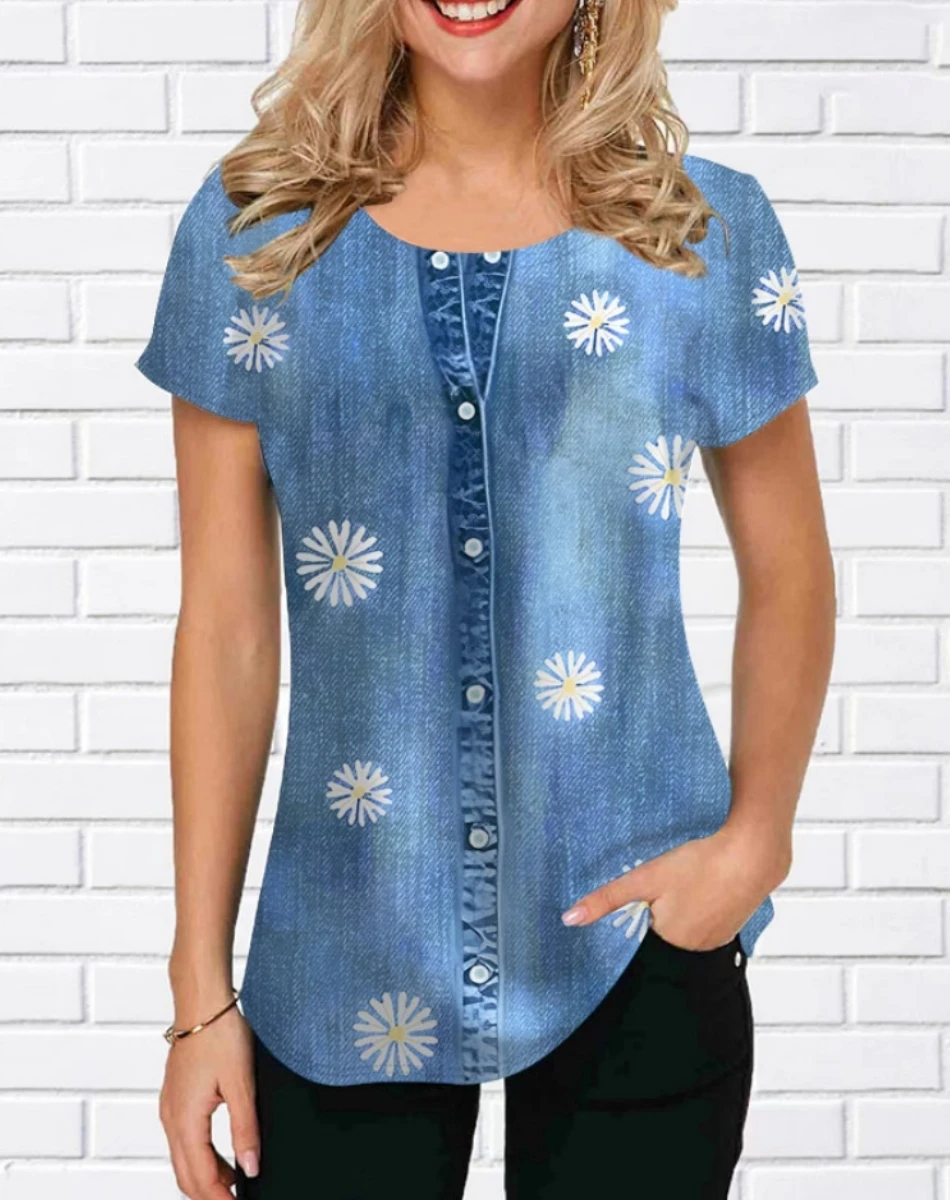 2023 Women's TShirt Summer O Neck Short Sleeve Top Daisy Print Graphic