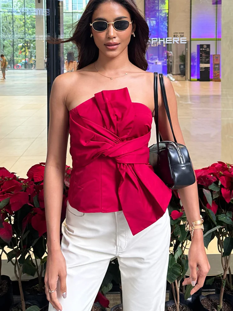 Women Tube Tops Red Sexy Women's Bowknot Tube Top Slim Solid Strapless Backless Sleeveless Vest Y2k Christmas Party Club Lady Tops
