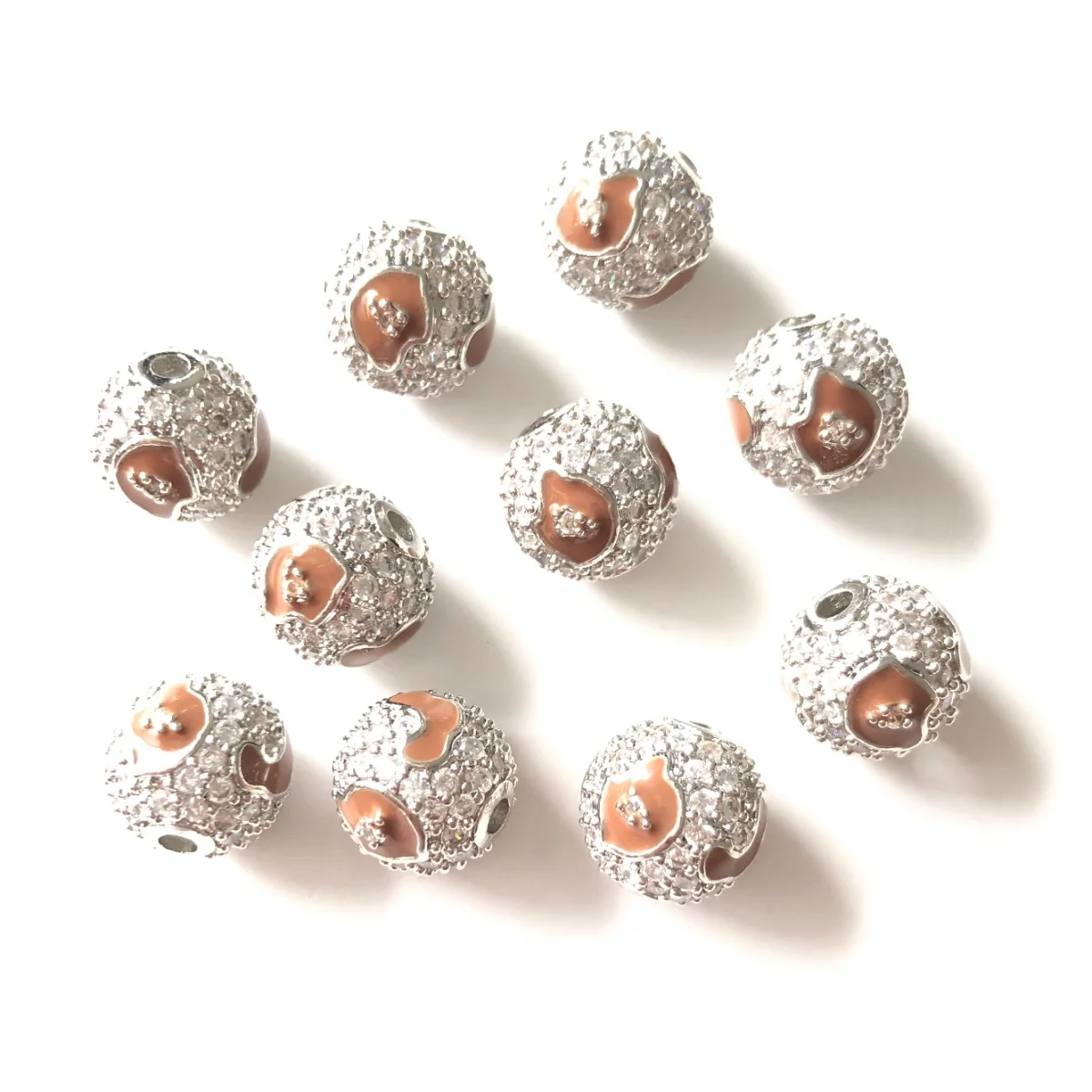 10pcs/Lot 10mm Brown Leopard Print Pattern Zirconia Paved Ball Spacers Beads for Women Bracelet Necklace Waist Jewelry Accessory