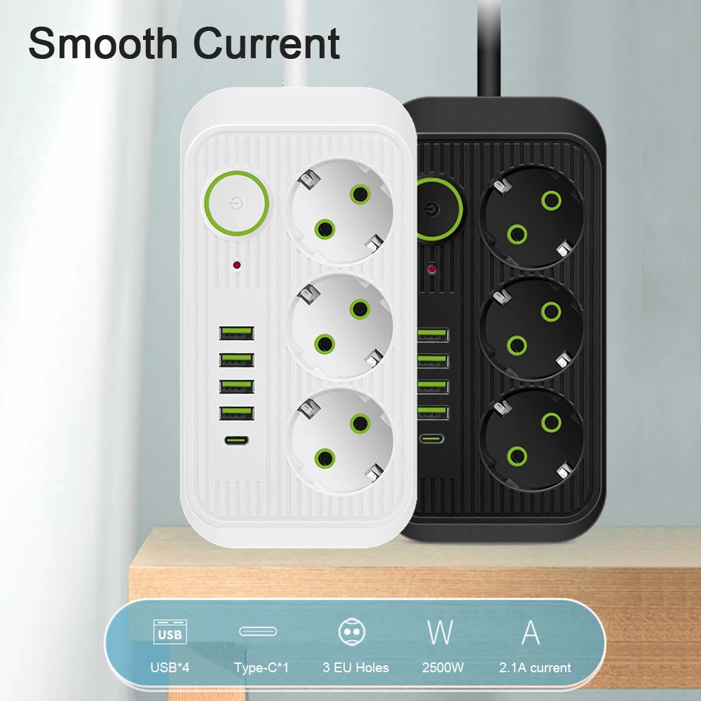 EU Plug AC Outlet Power Strip Multitap Smart Home Extension 2M Cord Electrical Socket With 4 USB Ports Multiprise Network Filter
