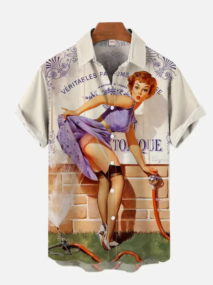 

Vintage Pin Up Girl Poster Hawaii Men's Shirt 3D Print Summer Fashion Holiday Short Sleeves Shirts Lapel Button Men Clothing