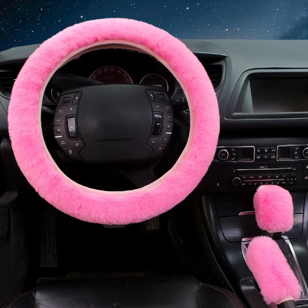 1 Set Of Fluffy Thick Auto Car Steering Wheel Plush Cover Soft Wool + Handbrake & Shift Gear Cover Pink/Blue/Purple/Black