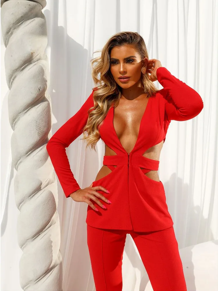 Tesco Red Sexy Women Suit Blazer And Pants V-Neck Hollow Out Jacket Casual Wide Leg Pants For Club Party Holiday blazer mujer