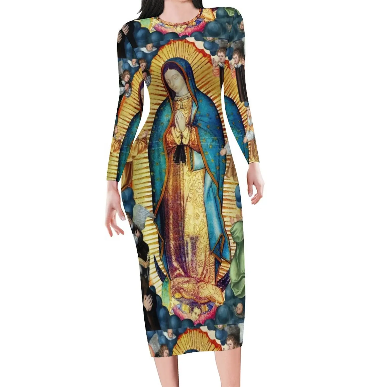 

Guadalupe Virgin Mary Bodycon Dress Autumn Cute Angels Pretty Dresses Women Long Sleeve Custom Street Style Dress Big Size 5XL