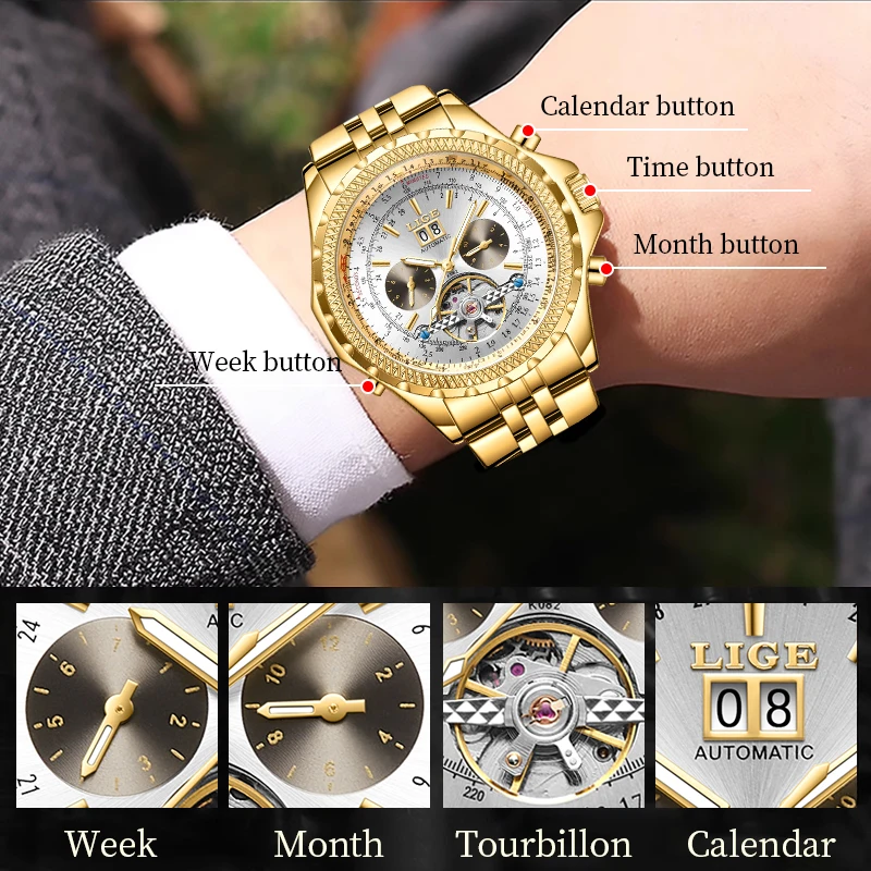 LIGE Watch for Men Luxury Automatic Mechanical Watch Tourbillon Waterproof Date Men Wristwatch Stainless Steel Watches mechanical watch