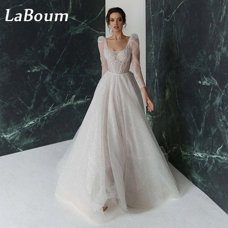 LaBoum błyszczące suknie ślubne z cekinami z pereł z kwadratowym dekoltem suknie ślubne z bufiastymi rękawami szata De Mariage Nouveauté