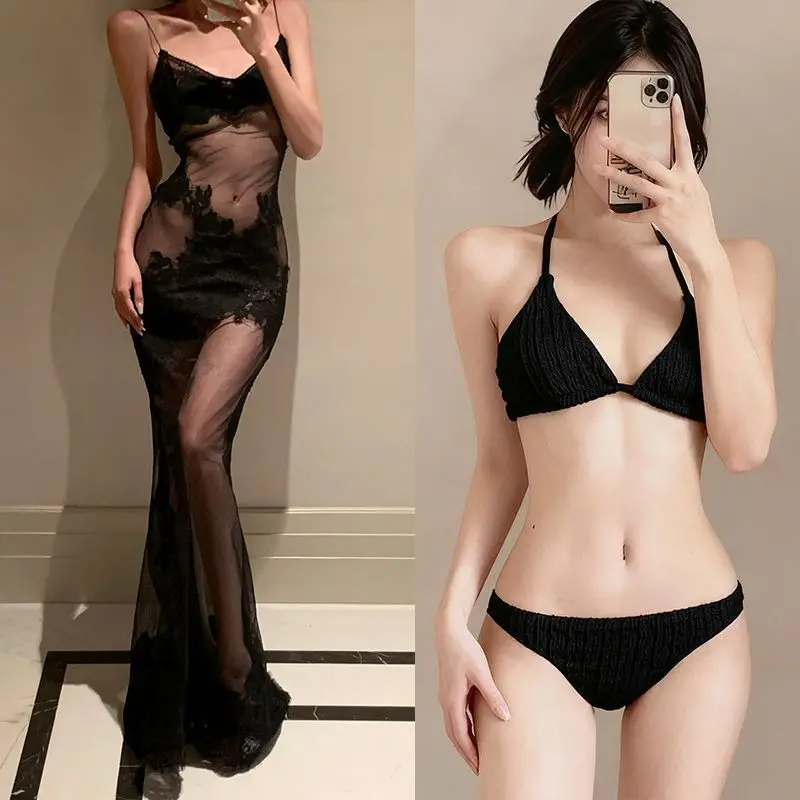 Black Lace Embroidery See-through Bikini Swimwear Sexy Long Fish-tail Beach Dress Transparent Wrap Body Contouring Women's Sw...