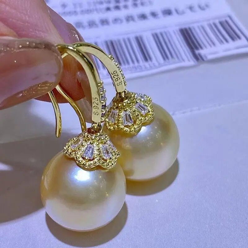 

HUGE AAAA 10-11mm Real South Sea ROUND Natural Golden Pearl Earring 925S