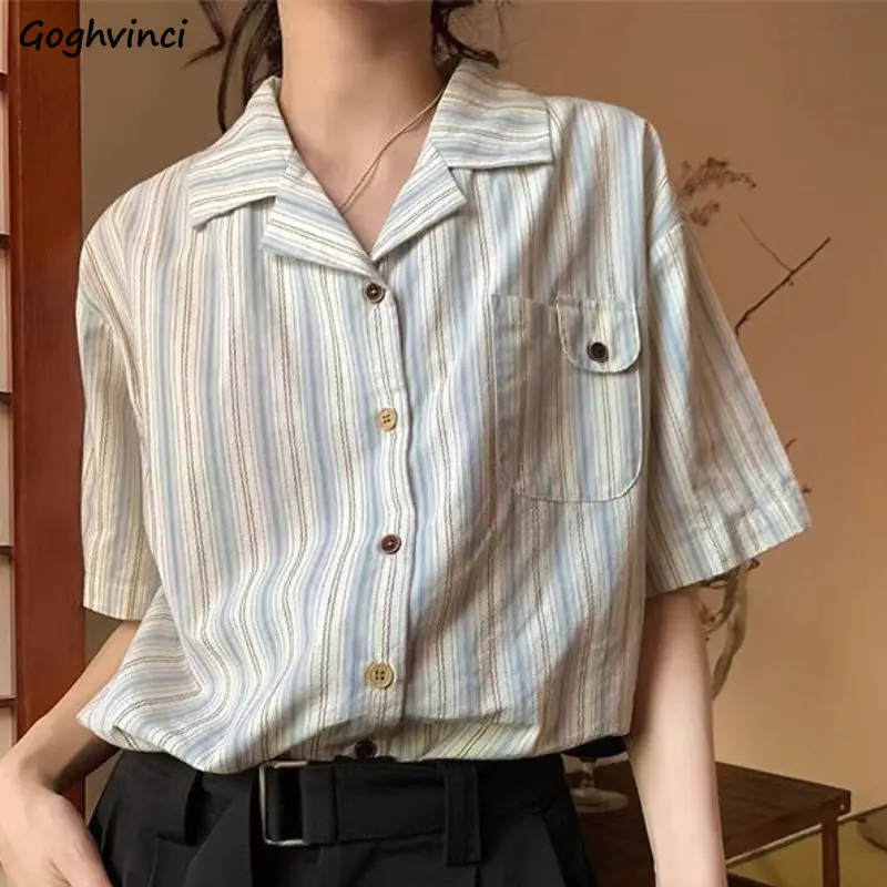 

Striped Shirts Women Japanese Style Loose Unisex Literary Casual Summer Sun-proof Simple Vintage All-match Preppy Tender Ulzzang