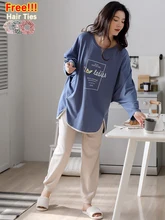

ATUENDO Autumn Fashion Pajama Set for Women 100% Cotton PJS Atoff Home Satin Avocado Sleepwear Spring Warm Silk Kawaii Nightwear