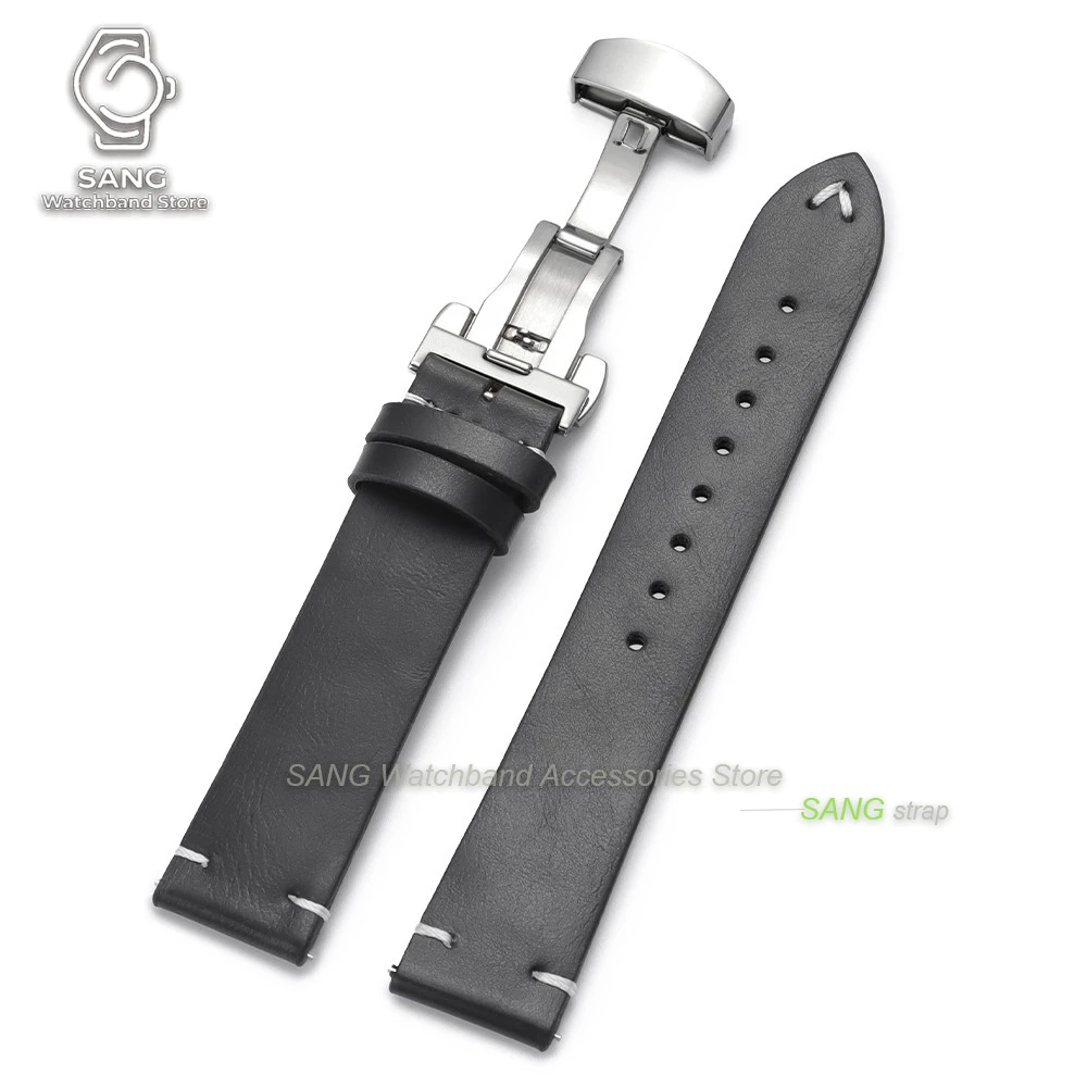 Elegant Black & Brown Leather Watchband with Stainless Steel Butterfly Clasp
