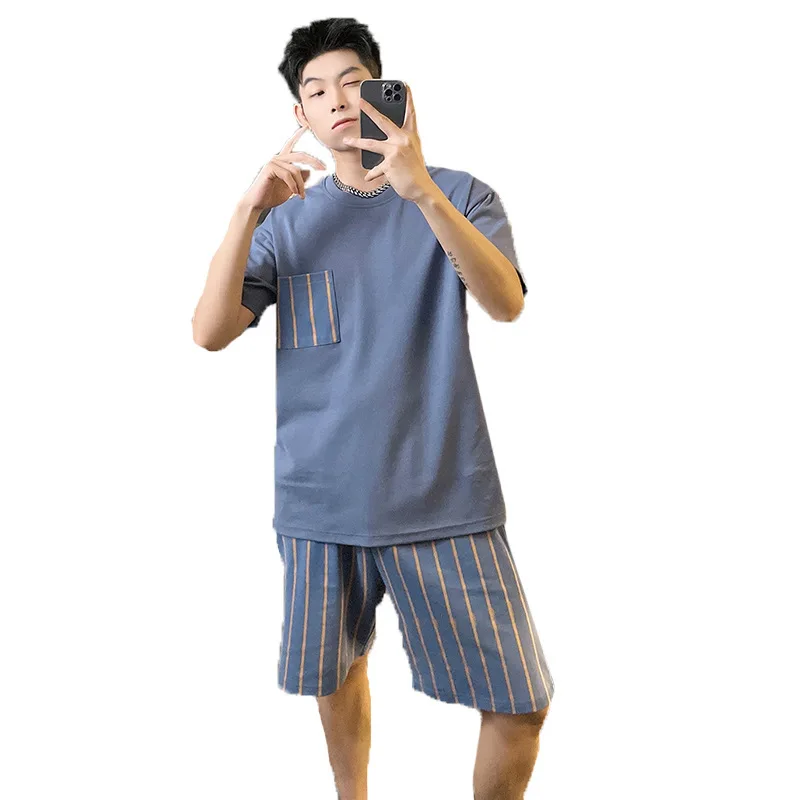 Pajama Sets Men's Two-Piece Pajamas Homewear Summer Cotton Short-Sleeved Shorts Large Size Teenage Boys Casual Homewear Set