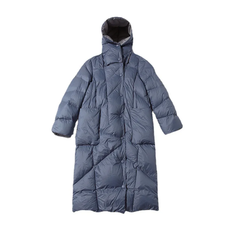 Down Jacket Blue Jacket Women Mid Length Hooded Thickened Loose Fitting Cocoon Shaped Autumn and Winter Double Breasted Jacket