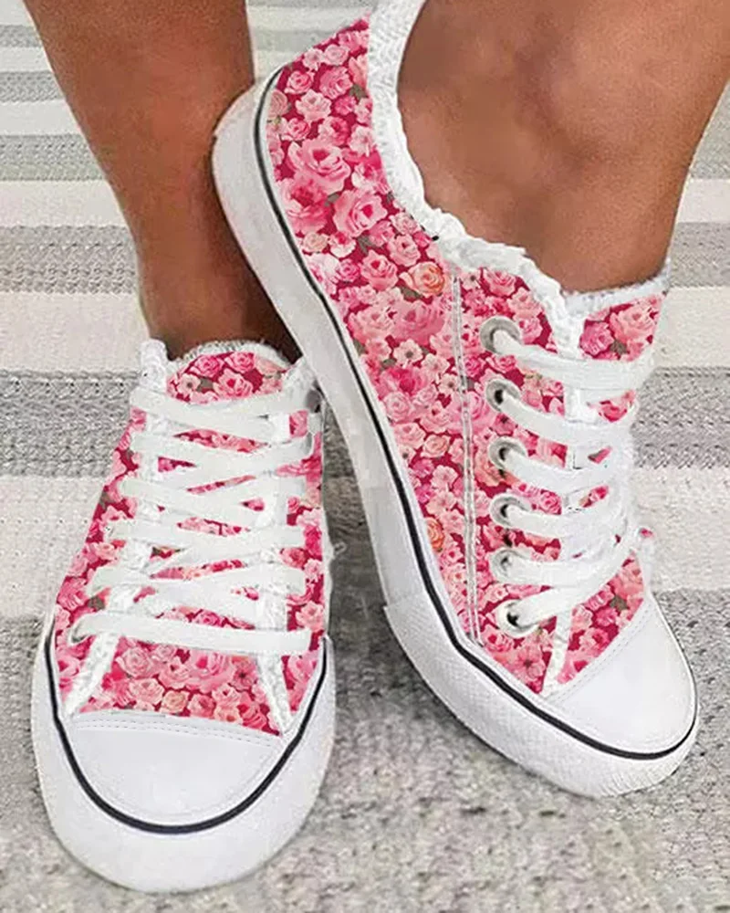 

Women Casual Shoes Daily Wear Round Toe Flat Floral Print Lace-up Fringe Hem Sneakers