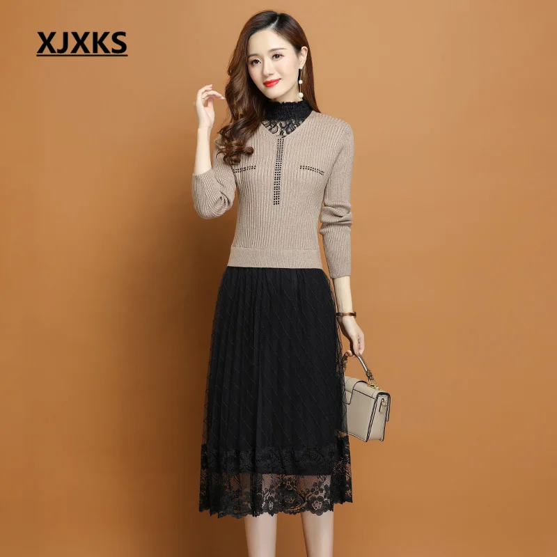 

XJXKS 2023 Spring And Autumn New Knitted Splicing Lace Women's Dresses Temperament High-end Long Pullover Shirt Ladies Vestidos