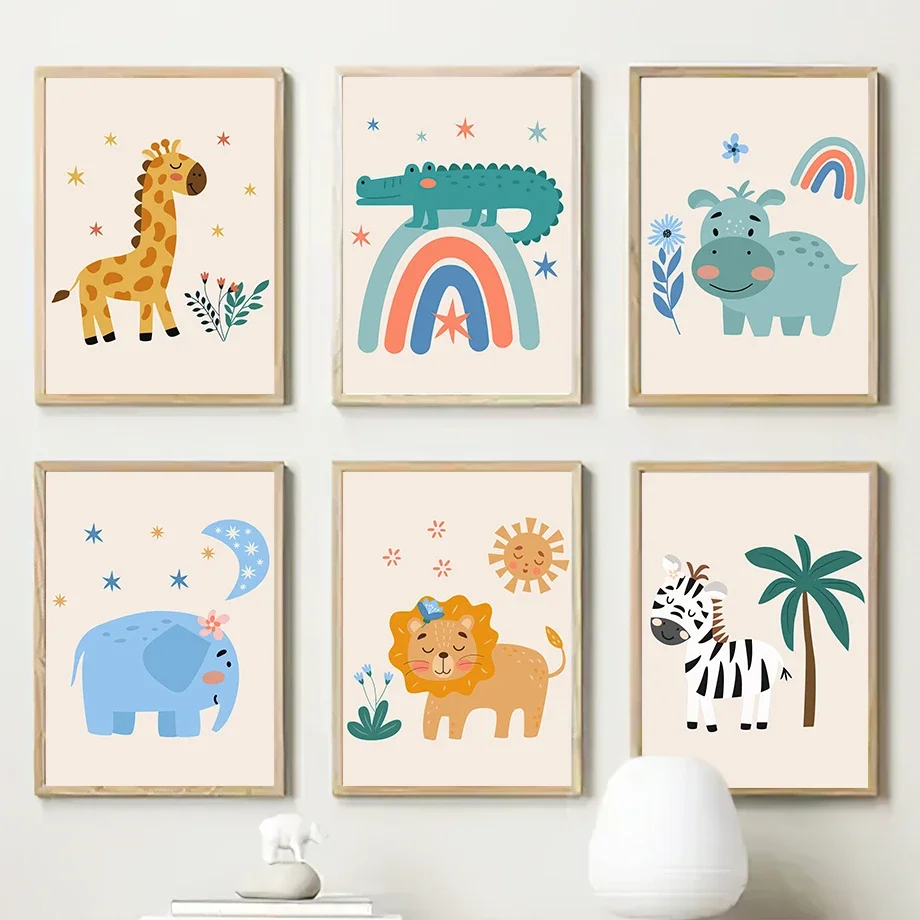 Lion Elephant Giraffe Zebra Rainbow Nursery Animals Print Painting Nordic Posters Wall Art Canvas Pictures Baby Kids Room Decor