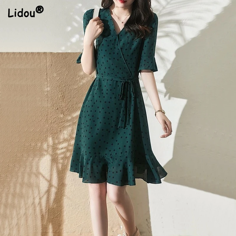 

Dresses Thin Summer Women's Clothing Fashion Elegant Vintage Lacing Loose Dot Pattern Ruffles V-neck Plus Size Simple Loose