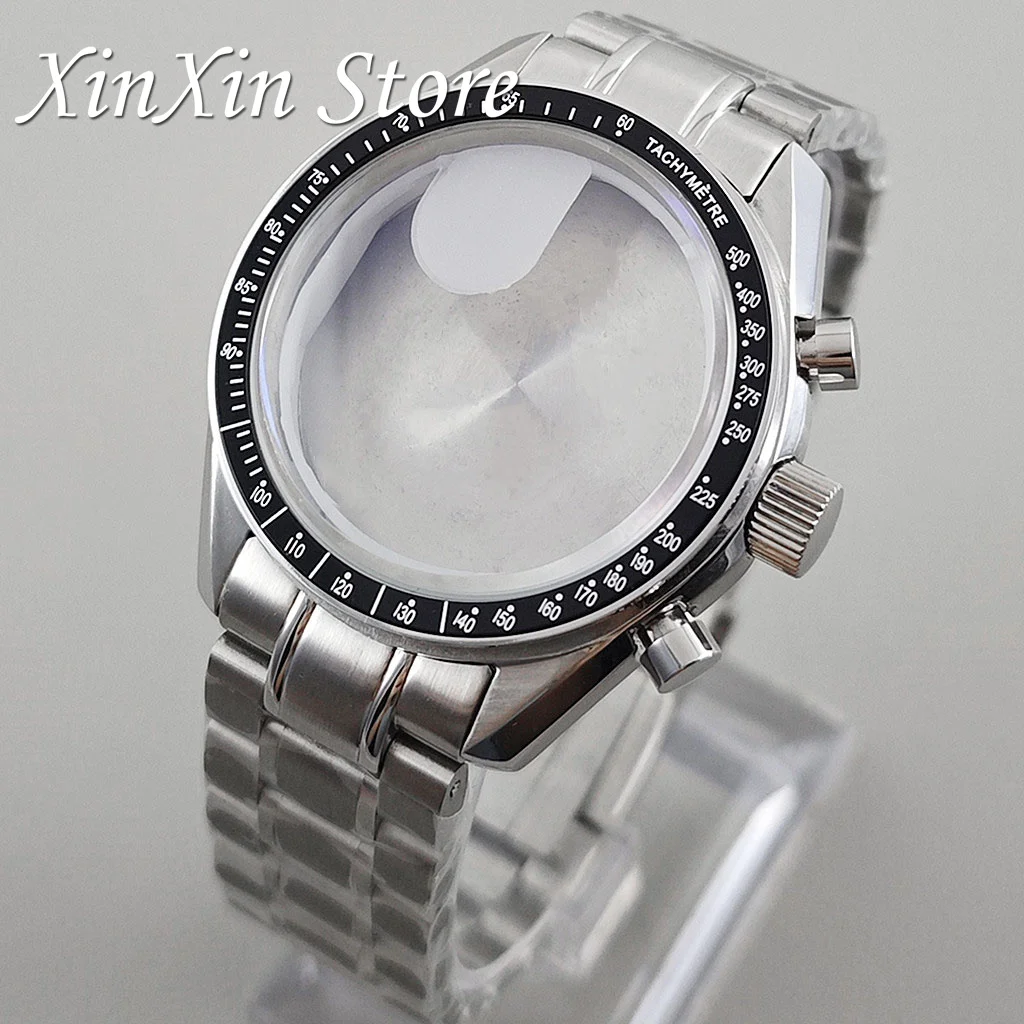 Men's 39.7mm Blue Bezel Watch Case with Moon Pattern Back and Chronograph Function for Quartz Movement, Fits 20mm Strap