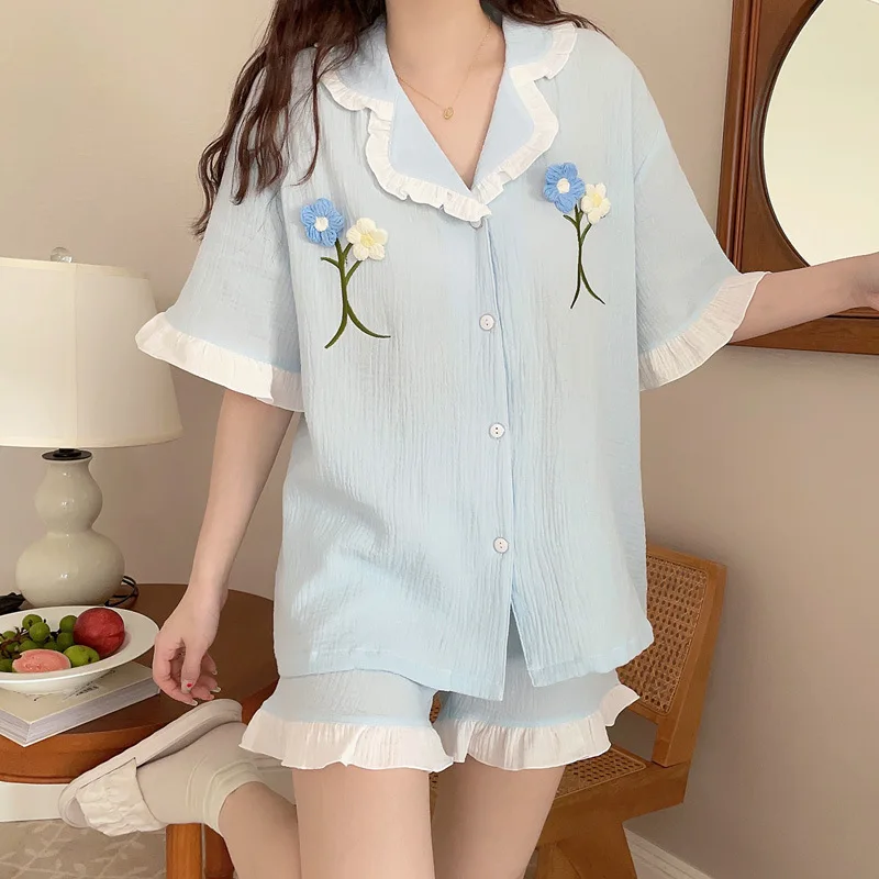 Sleepwear Women's Summer Double Layer Gauze Cardigan Short Sleeved Shorts Home Suit Can Be Worn Externally