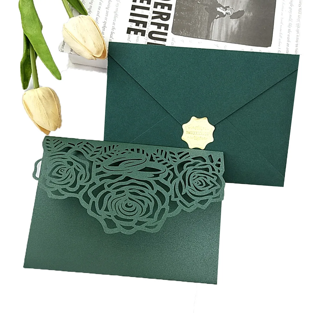 (10 pieces/lot) Forest Green Laser Cut Wedding Invitations DIY Kit Printable Tri-fold Floral XV Birthday Shower RSVP Card IC152
