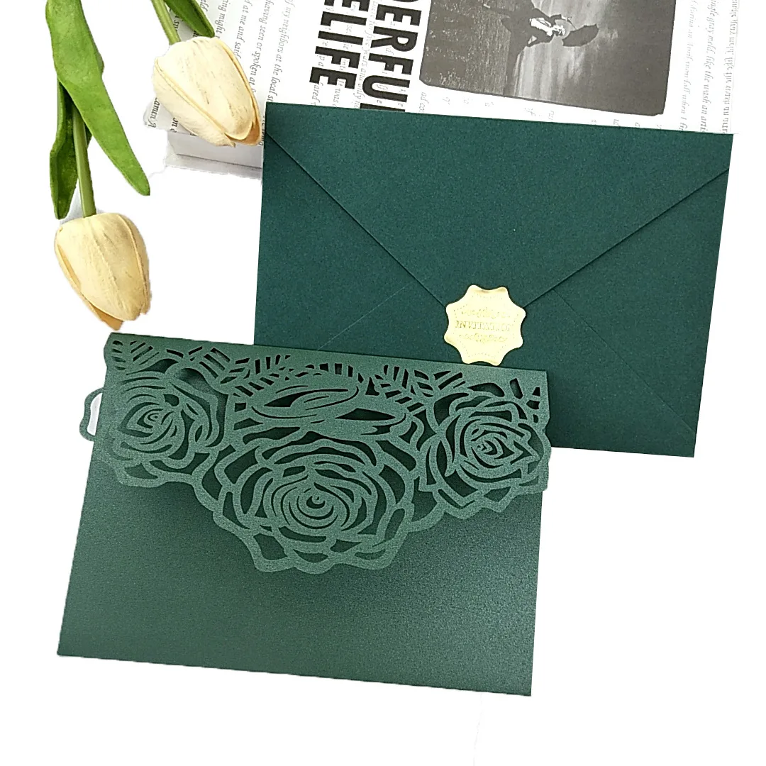 Forest Green Laser Cut Wedding Invitations DIY Kit Printable Tri-fold Floral XV Birthday Shower RSVP Card 10 pieces/lot