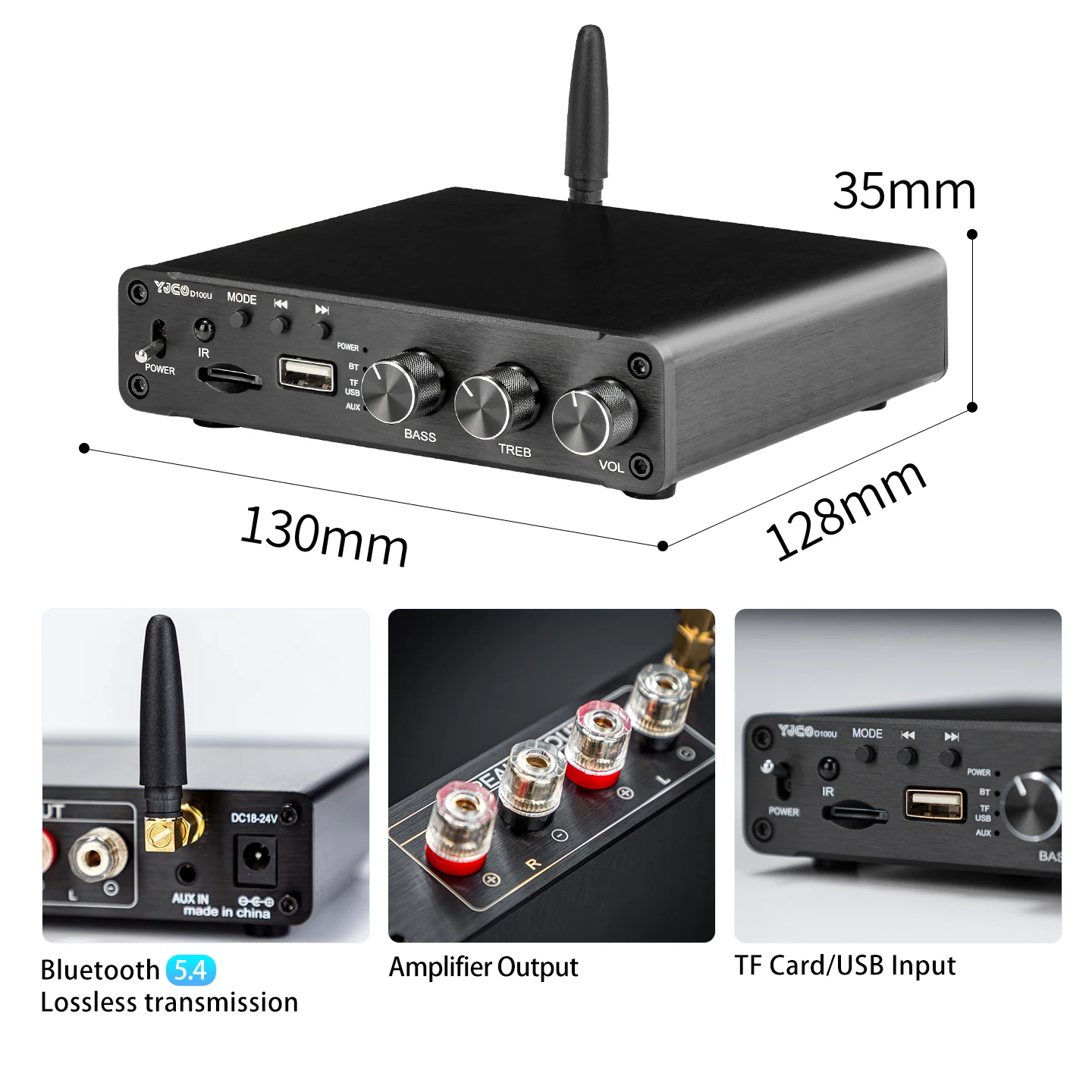 YJCO D100U 블루투스 5.4 스테레오 앰프 TPA3116 듀얼 채널 HiFi 파워 앰프 100W×2 홈 오디오 수신기 USB TF 올인원