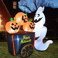 6 FT Halloween Inflatable Ghost Pushing Pumpkin Cart with Build-in LEDs Blow Up Inflatables for Halloween Party Yard Outdoor Toy 1