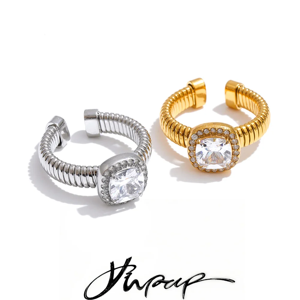 Yhpup Stainless Steel Open Ring Jewelry Square Cubic Zirconia Adjustable Women