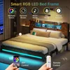 King Size Bed Frame and Storage Headboard, LED Bed Frame with USB Charging Station, Metal Platform Bed Frame King with Hidden 4