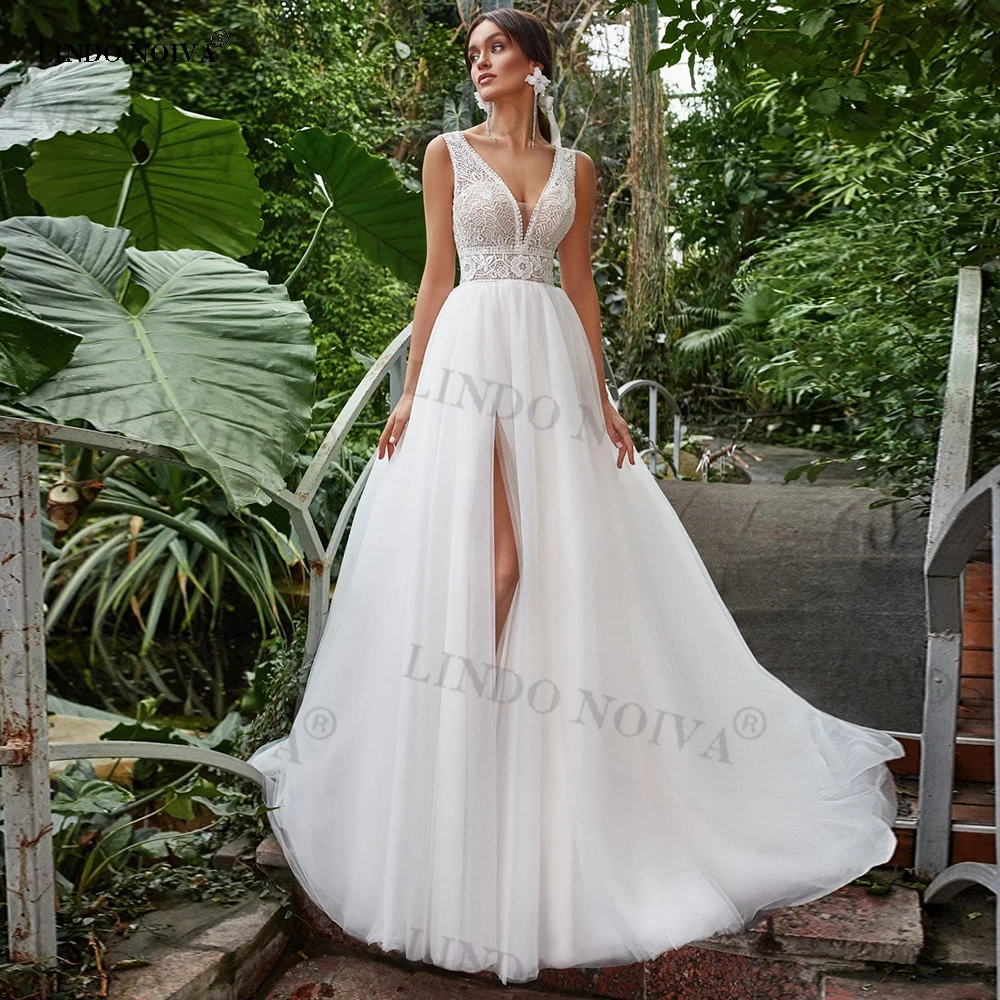 

LINDO NOIVA Summer 2023 Boho Lace Tulle Wedding Dresses with Slit Sexy V-Neck Sleeveless A Line Bridal Gowns Vestidos De Novia