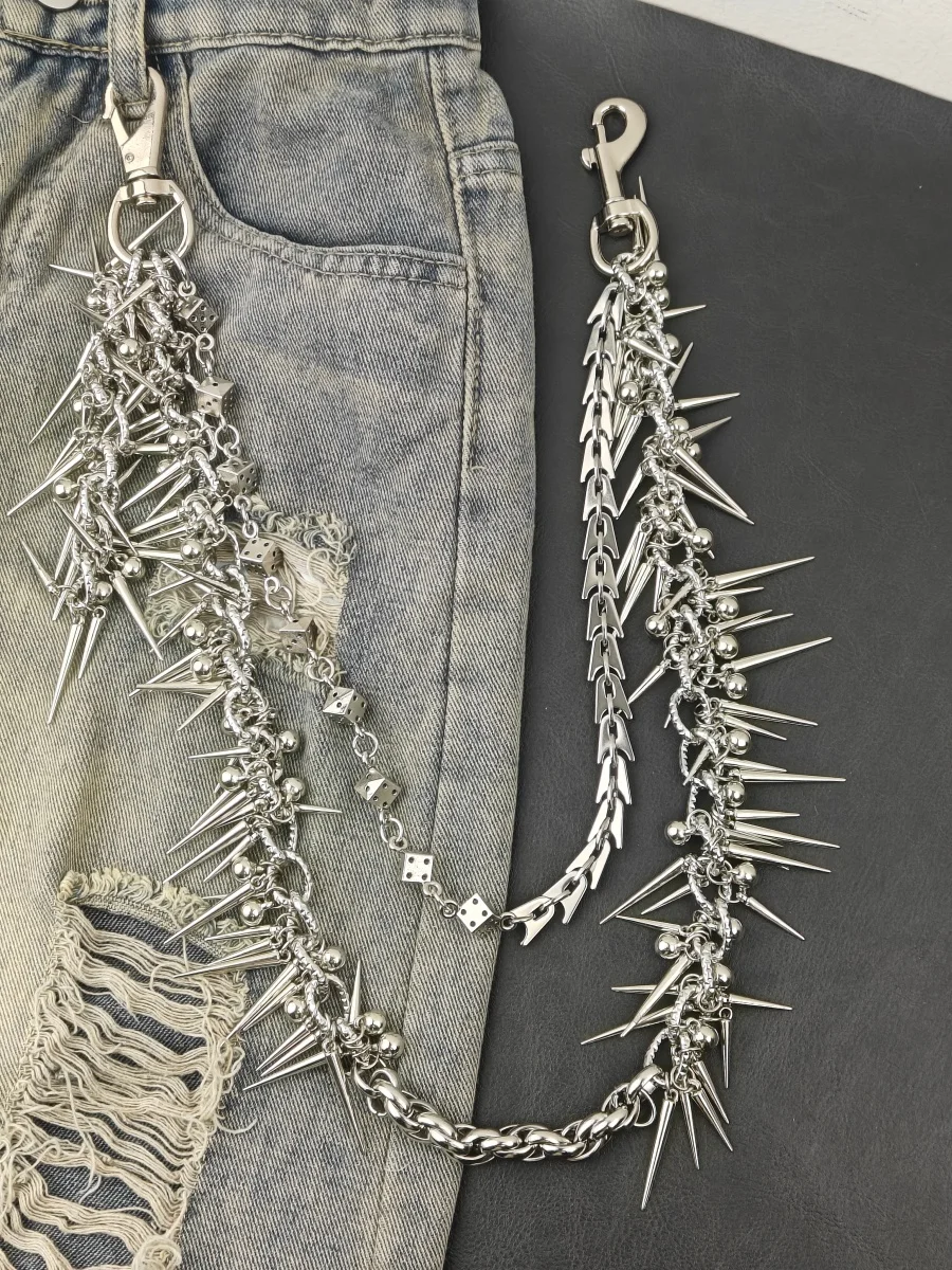 Doppelschichtige Nietenwürfel Edelstahl Silber Metall Jeans Luxus Accessoires Modische Männer und Frauen Y2k Hosenkette – Detail 2