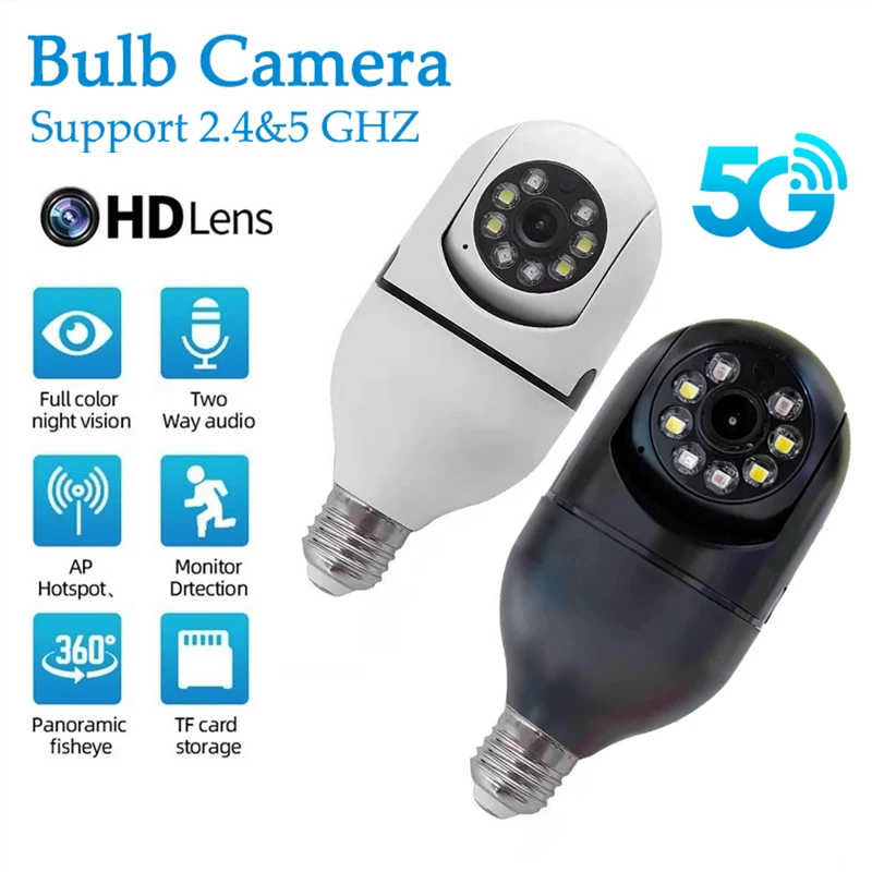 5G Wifi Camera E27 Bulb Surveillance Night Vision Full Color Automatic Human Tracking 4X Digital Zoom Video Security Monitor Cam