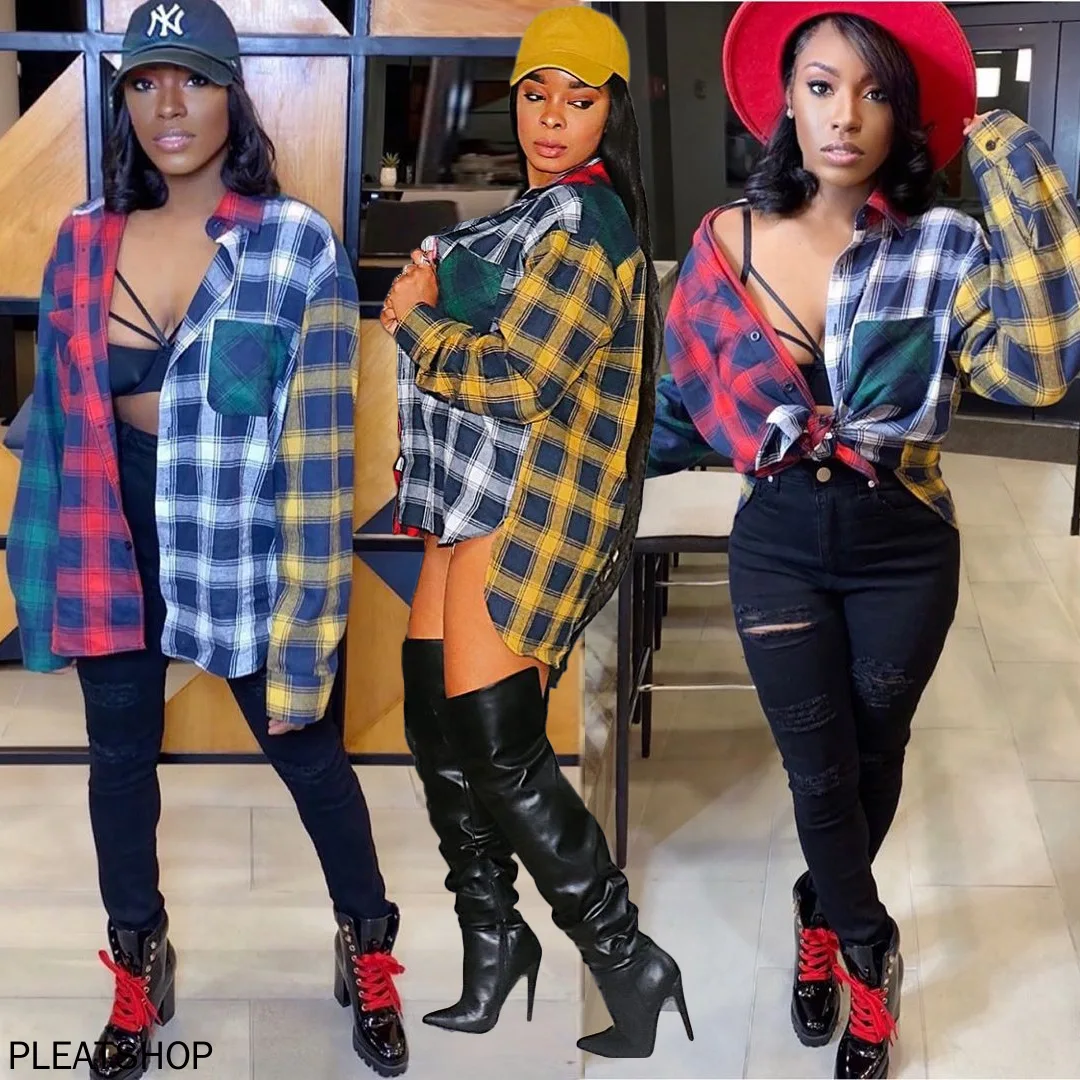 

Patchwork Plaid Shirt for Women, Fashionable Blouses, Casual Shirts, European and American