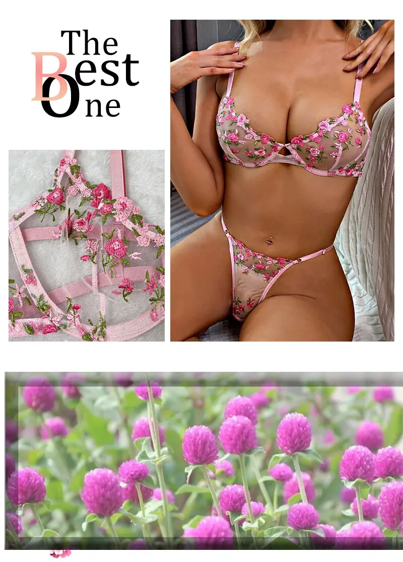Ensemble sous-vêtements, 2 pièces soutien-gorge et culotte en dentelle femmes broderie florale rose transparent