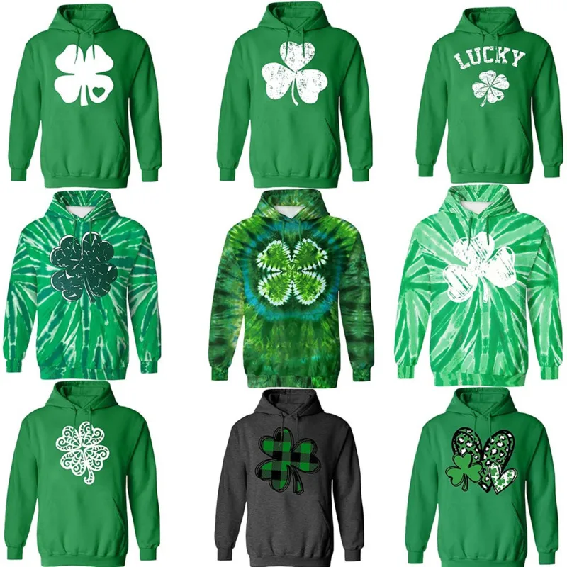 

Men's 2024 St Patrick Day Lucky Clovers Printed Hoodie Unisex Oversized Casual 3D Printed Pullover Carnival Celebrating Clothing