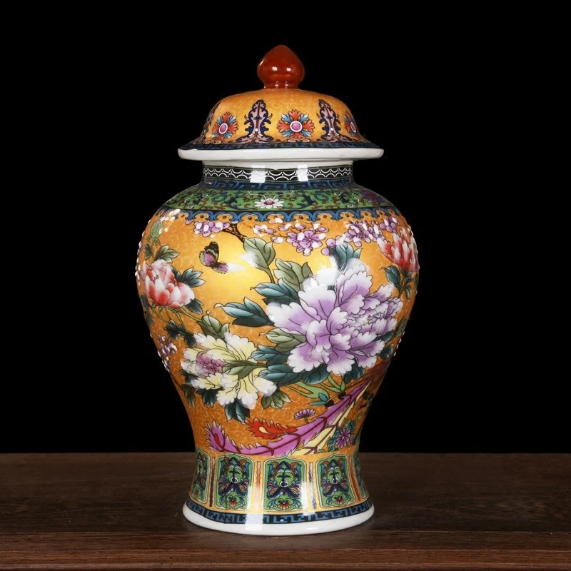 

Antique Royal Golden Pheasant Ceramic Cloisonne Enamel General Tank Vase Fortune Hat-covered Ginger Jars Ornament Creative Gift