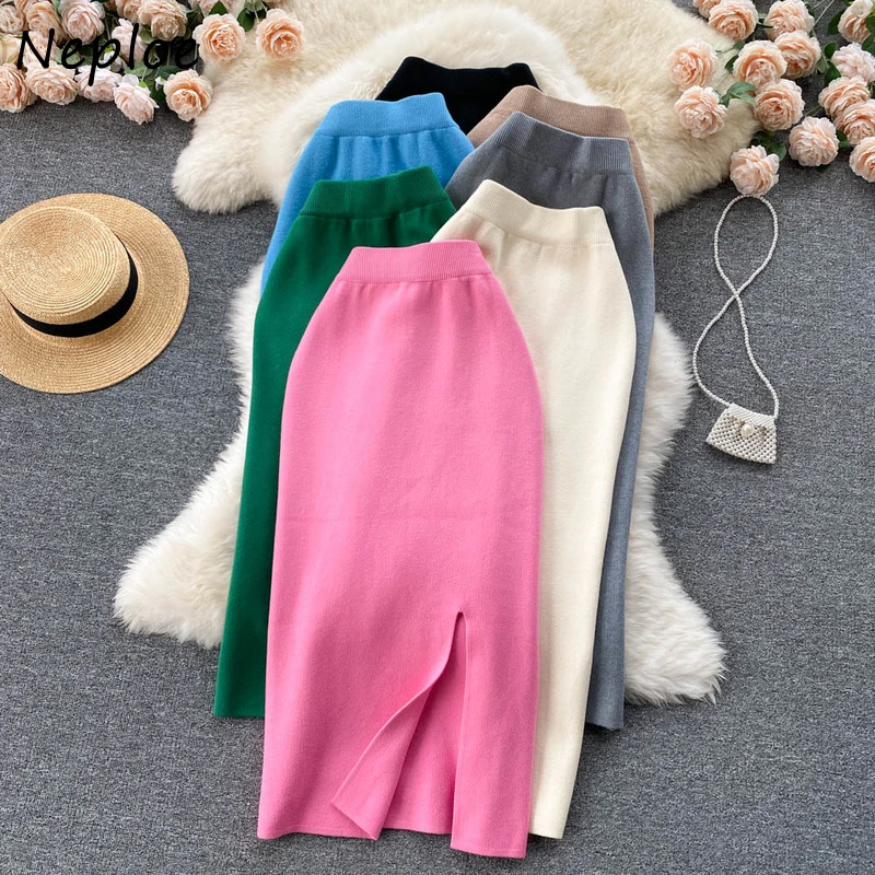 Neploe Simple Solid Color Jupes Women Winter High Waist Thin Temperament  Mujer Faldas Split Knit Hip Package Mid length Skirt|Skirts| - AliExpress