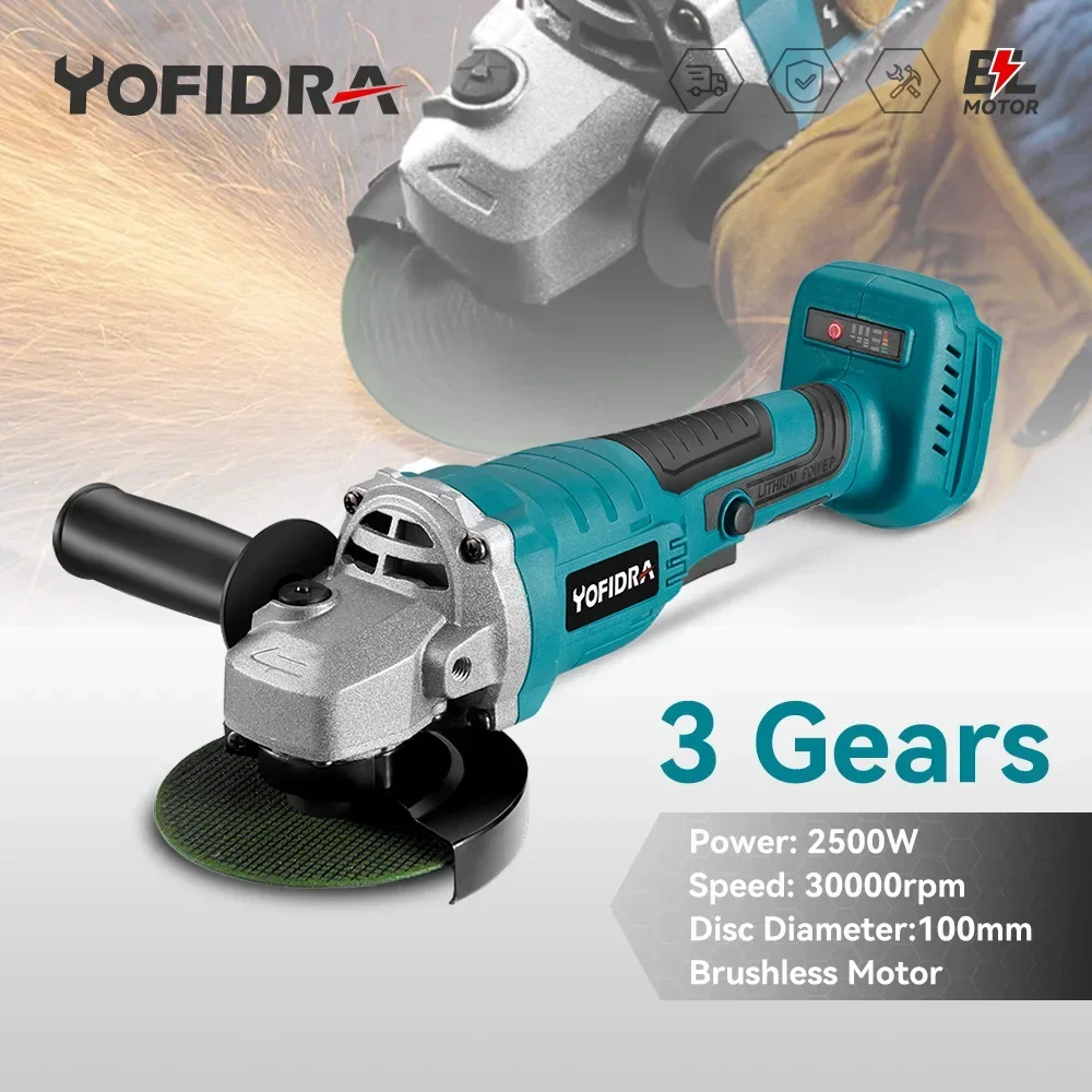 

Yofidra 100mm Brushless Electric Angle Grinder 30000rpm 3 Gears Cordless Grinding Polishing Cutting Tool For Makita 18V Battery